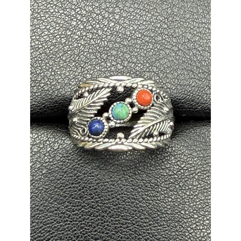 New Condition Turquoise Lapis Silver Feathers Band Ring 925 Size 7 J30